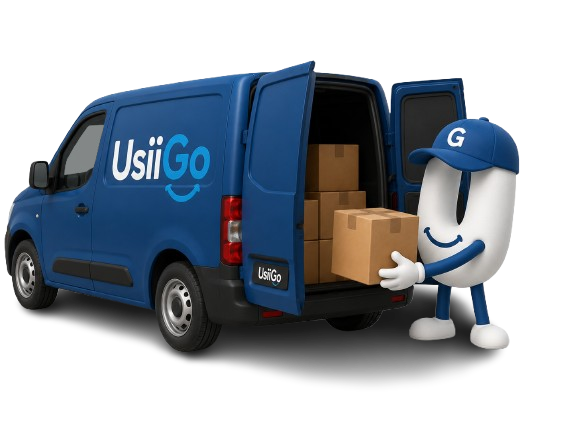 Mascote da UsiiGo carregando caixas em uma van para empresas embarcadoras
